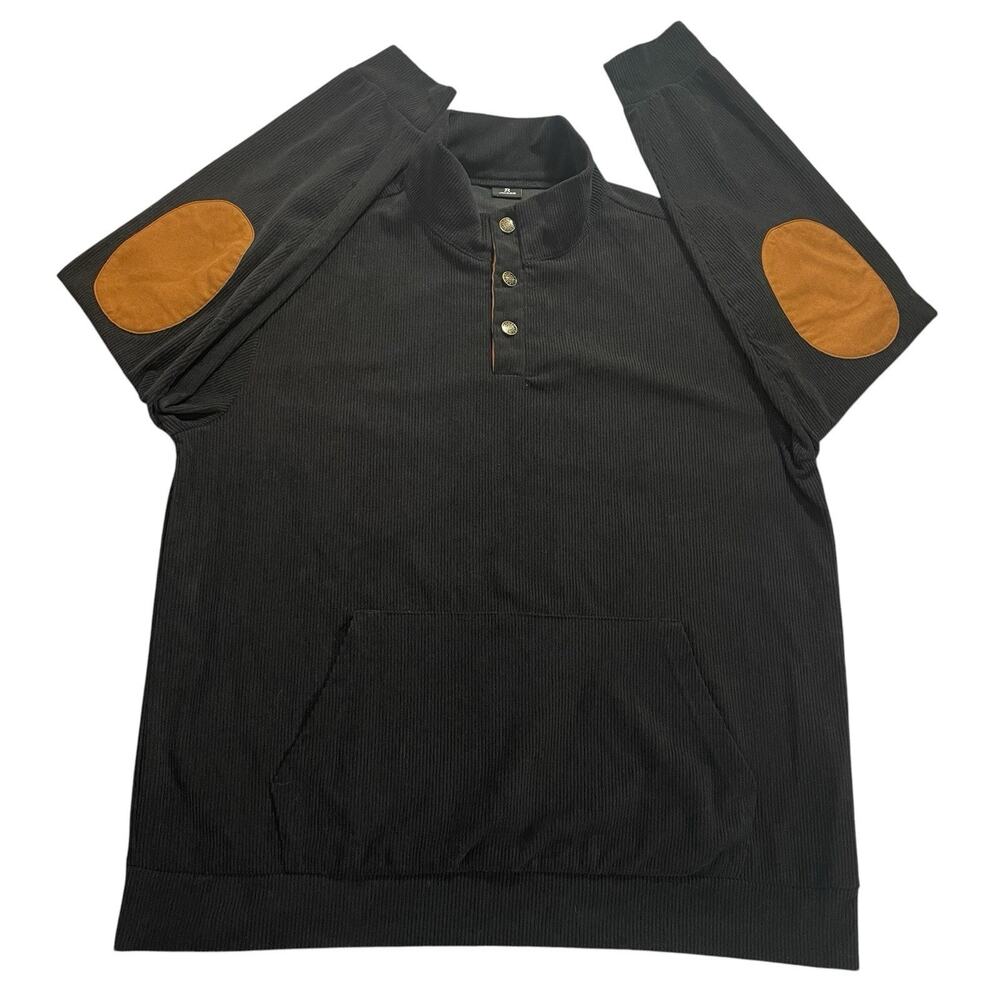 R Jmierr Henley Sweater Men's L Black Mock Neck Elbow Patches Soft Corduroy